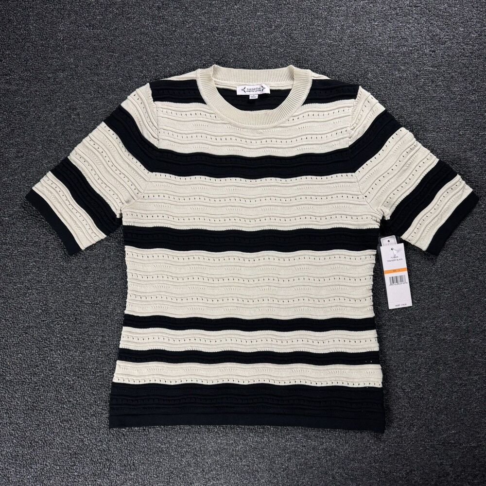 NWT Nanette Lepore Women's Size Sm Black and Tan Striped Knit Pullover Sweater
